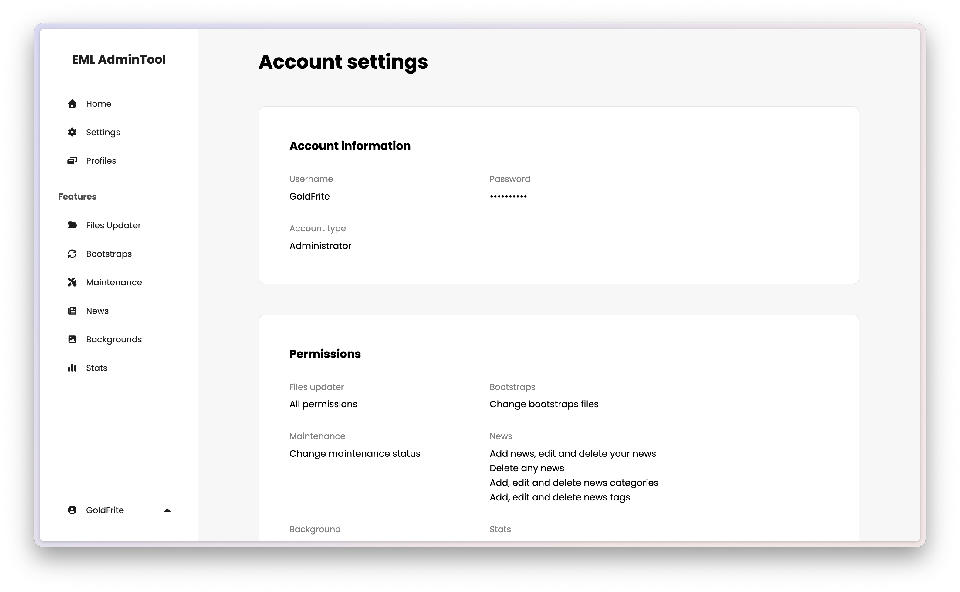 EML AdminTool Account settings page