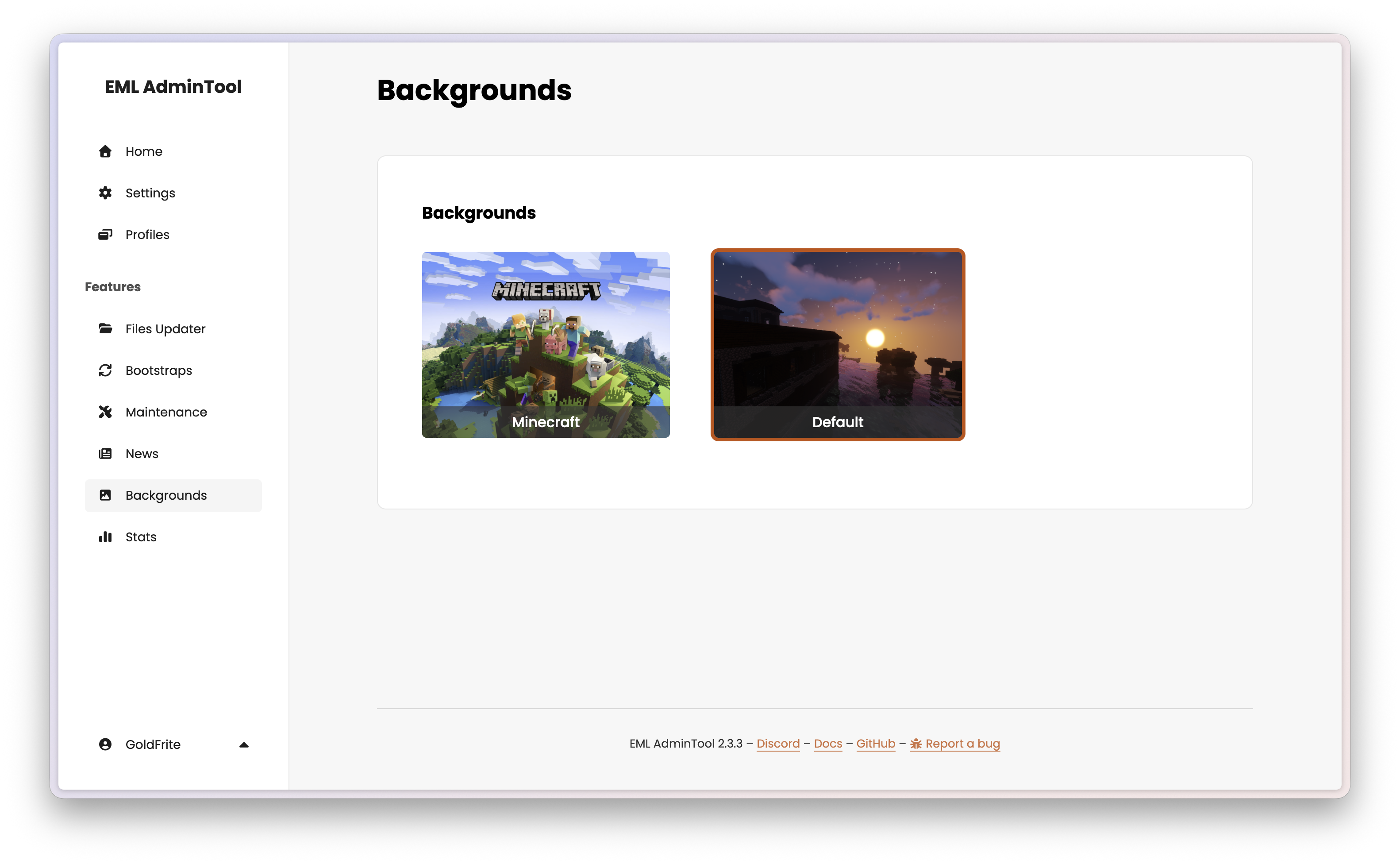 EML AdminTool Backgrounds page