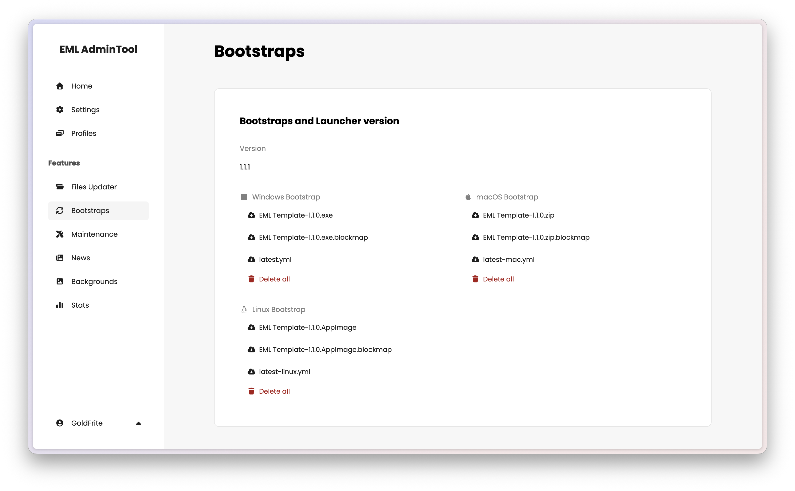 EML AdminTool Bootstraps page