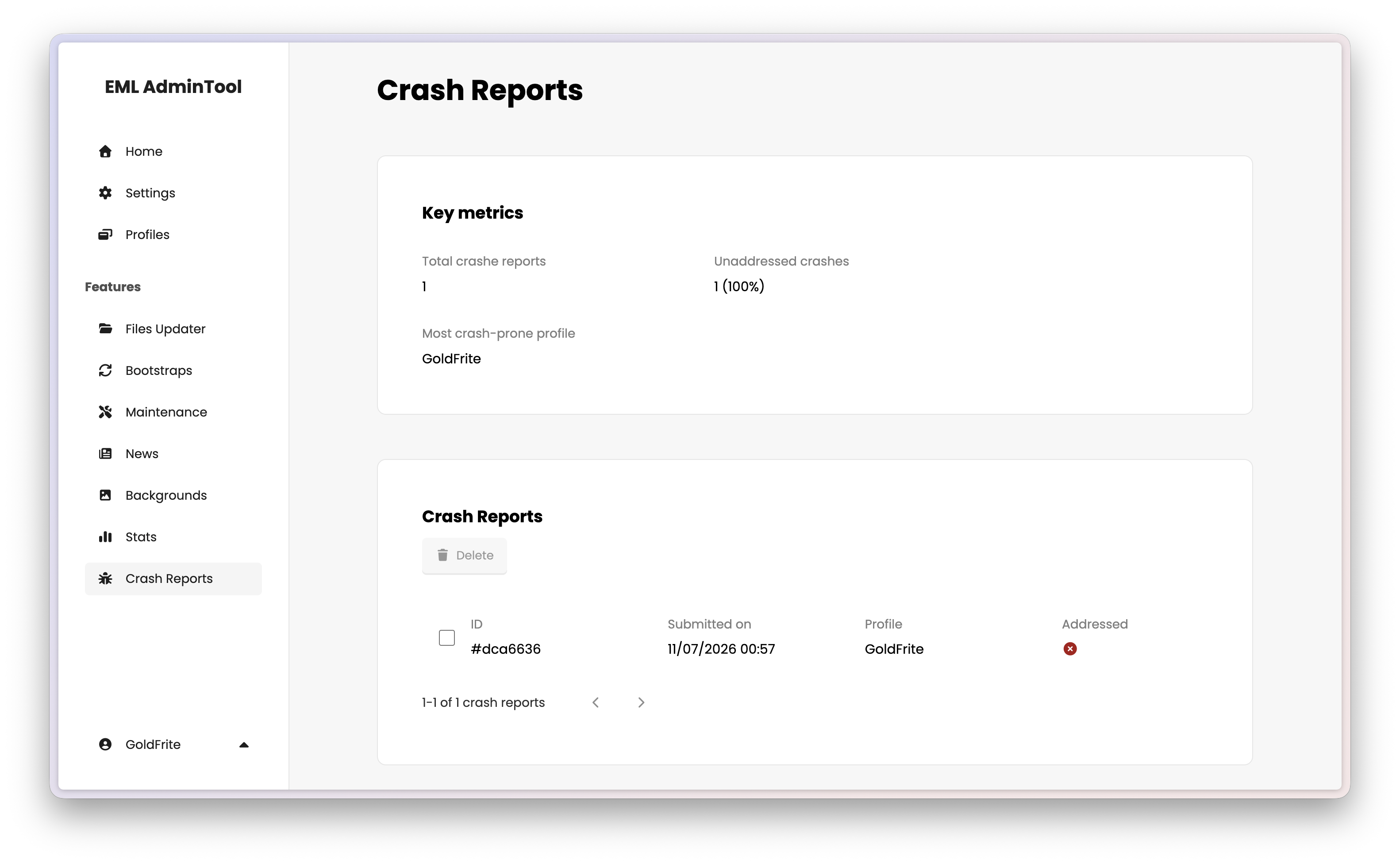 EML AdminTool Crash Reports page