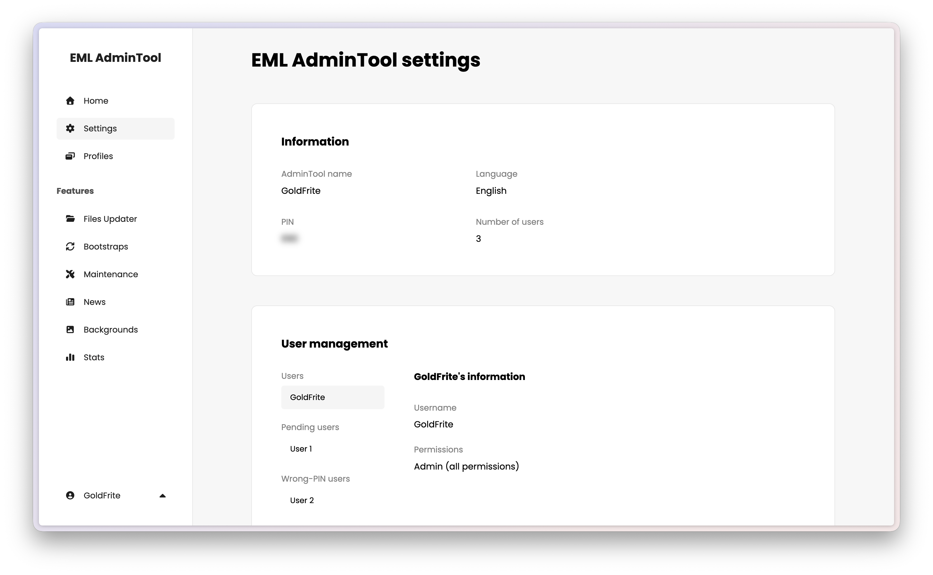 EML AdminTool Settings page