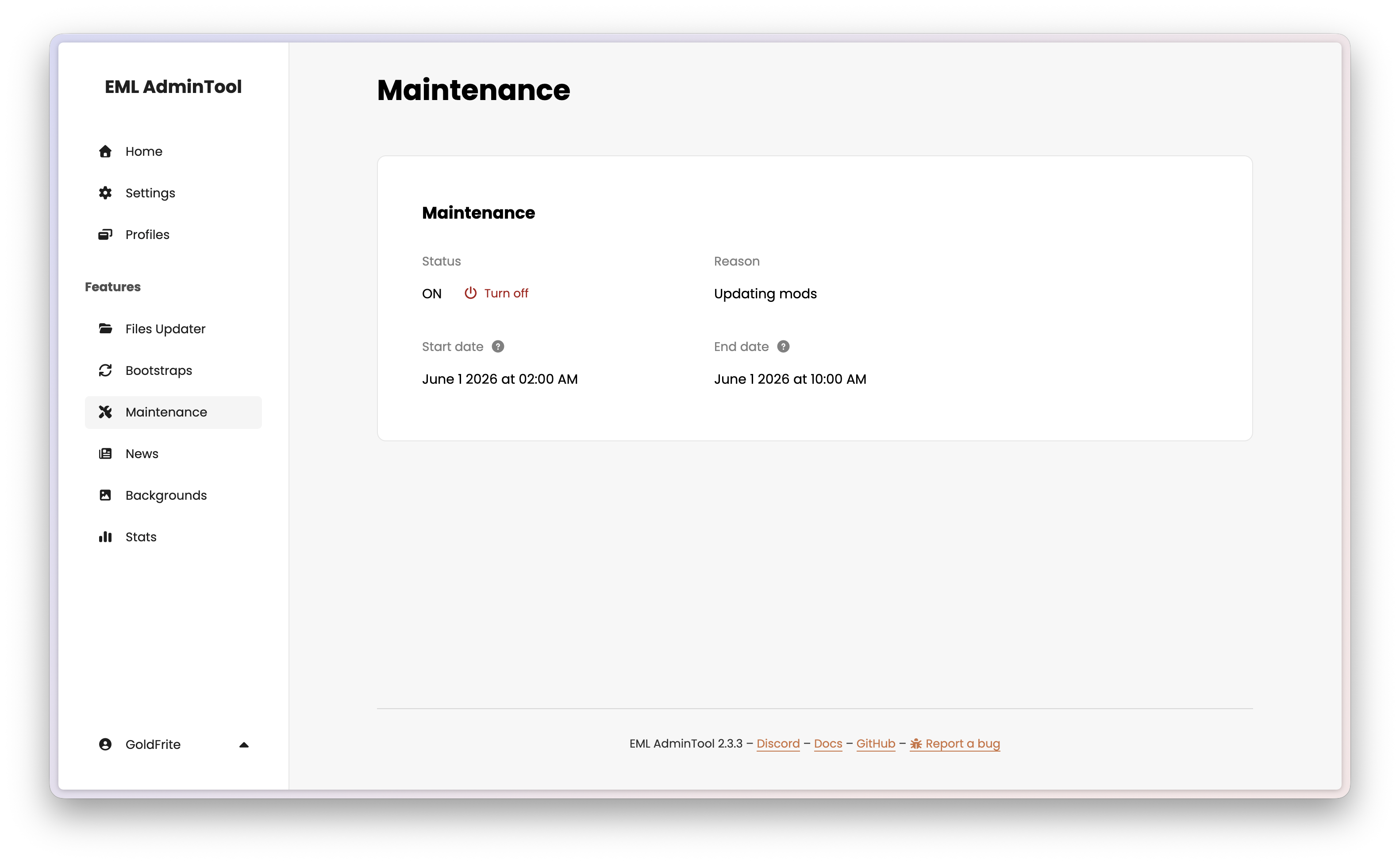 EML AdminTool Maintenance page