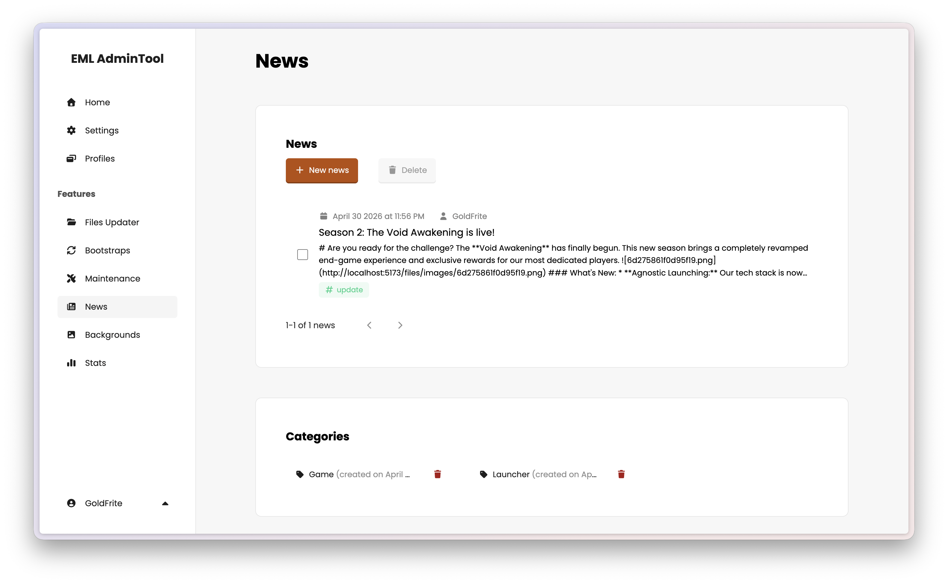 EML AdminTool News page