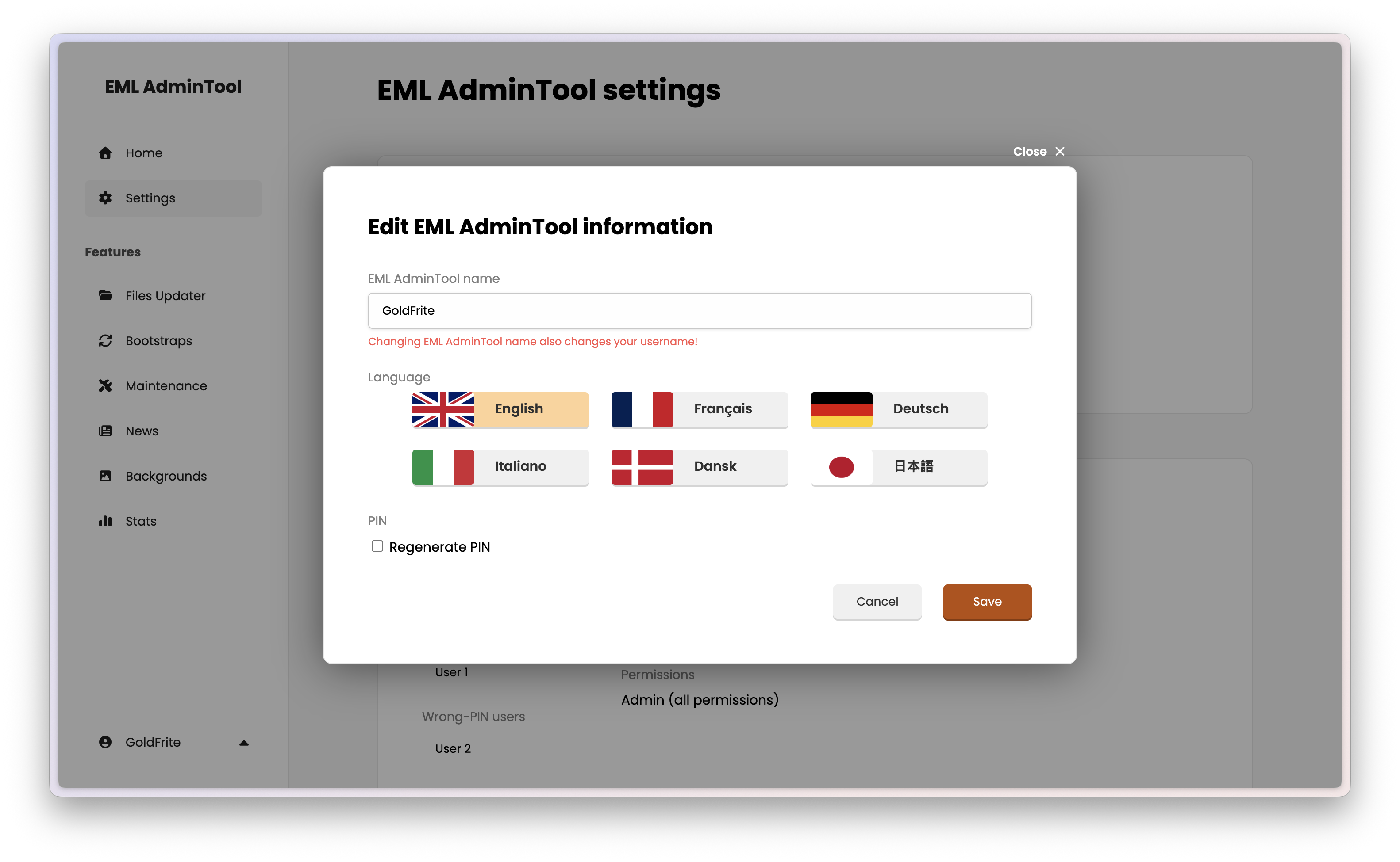 Edit EML AdminTool information modal