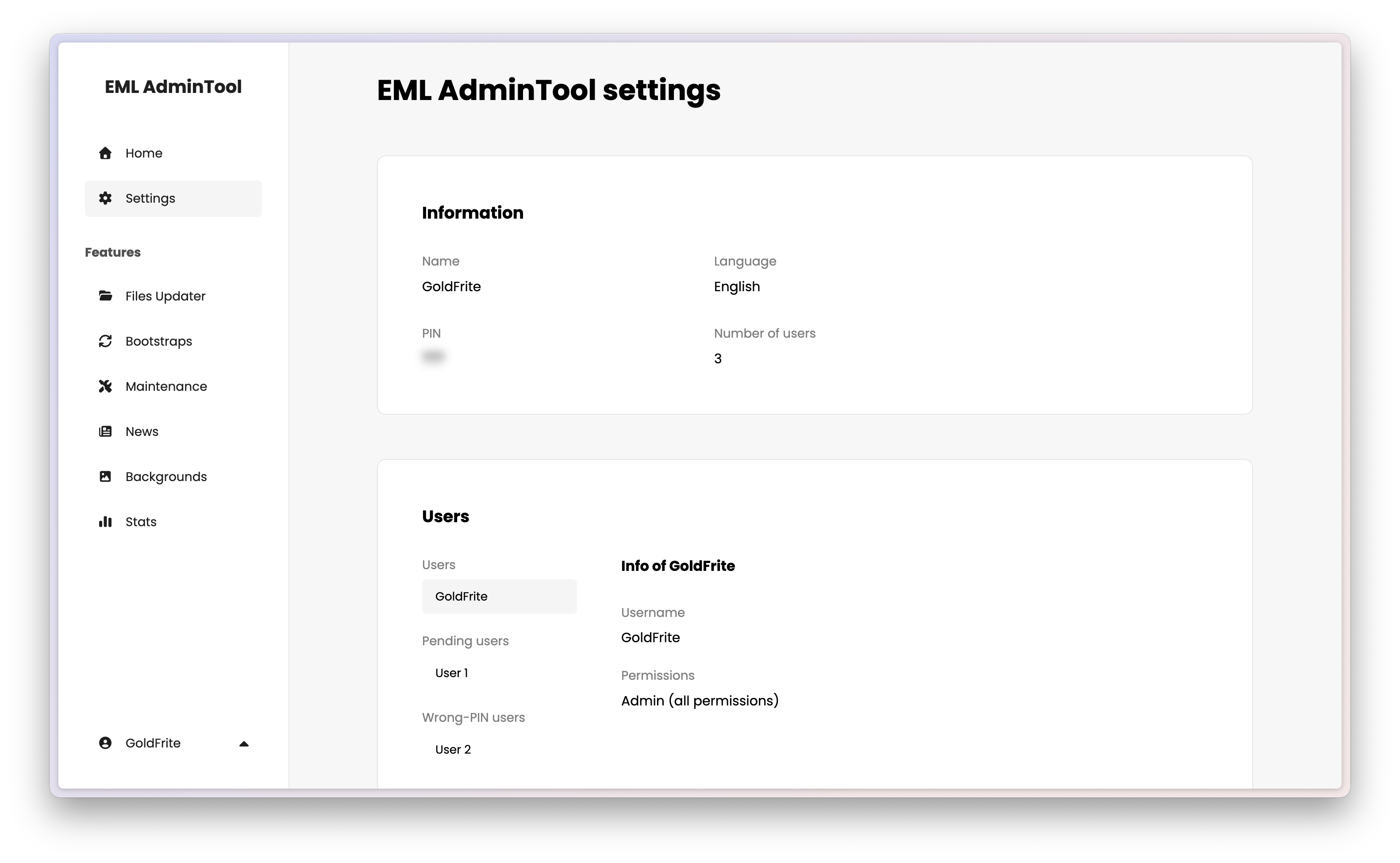 EML AdminTool settings page