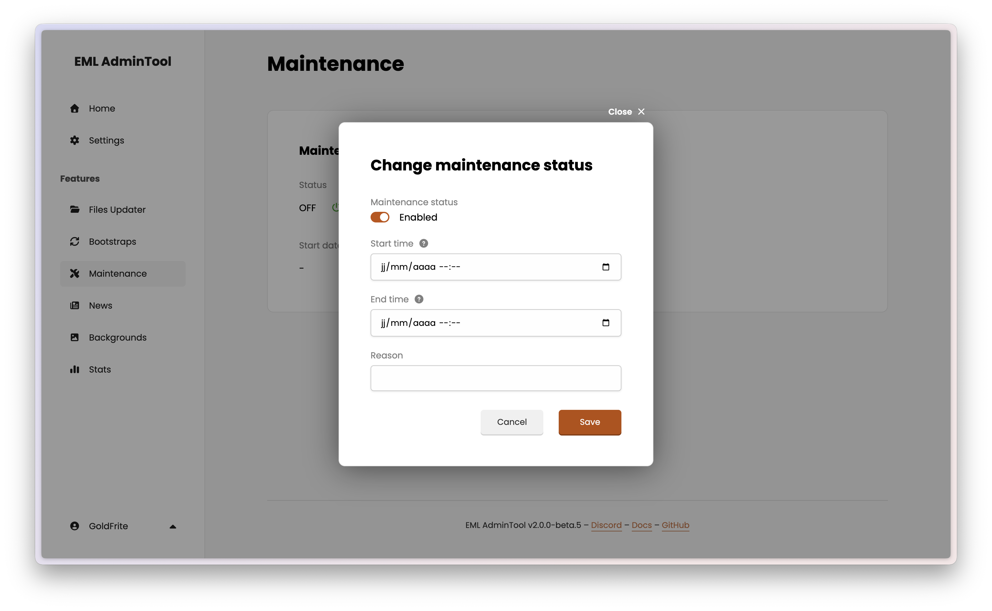 Change maintenance status modal