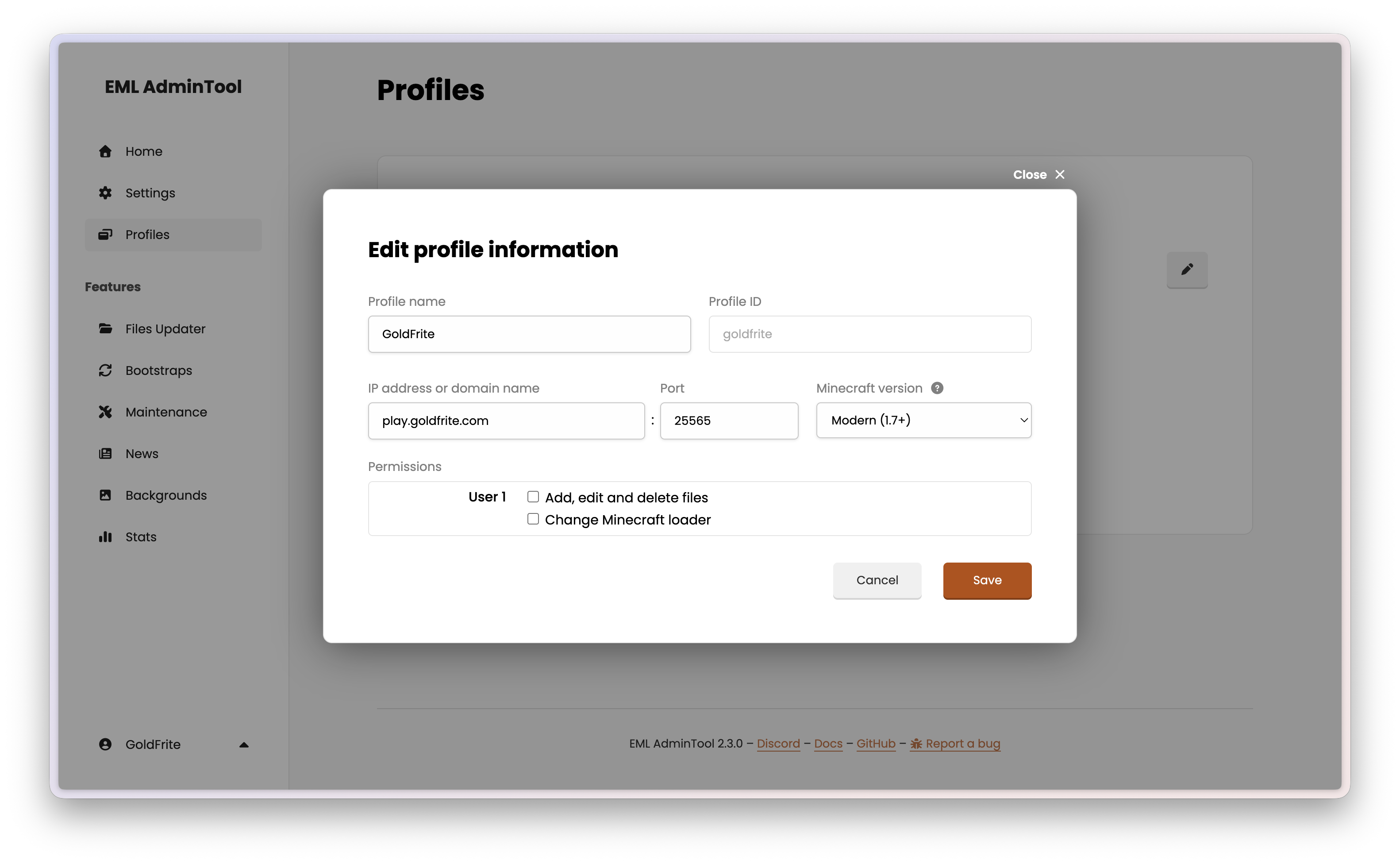 EML AdminTool Profiles page