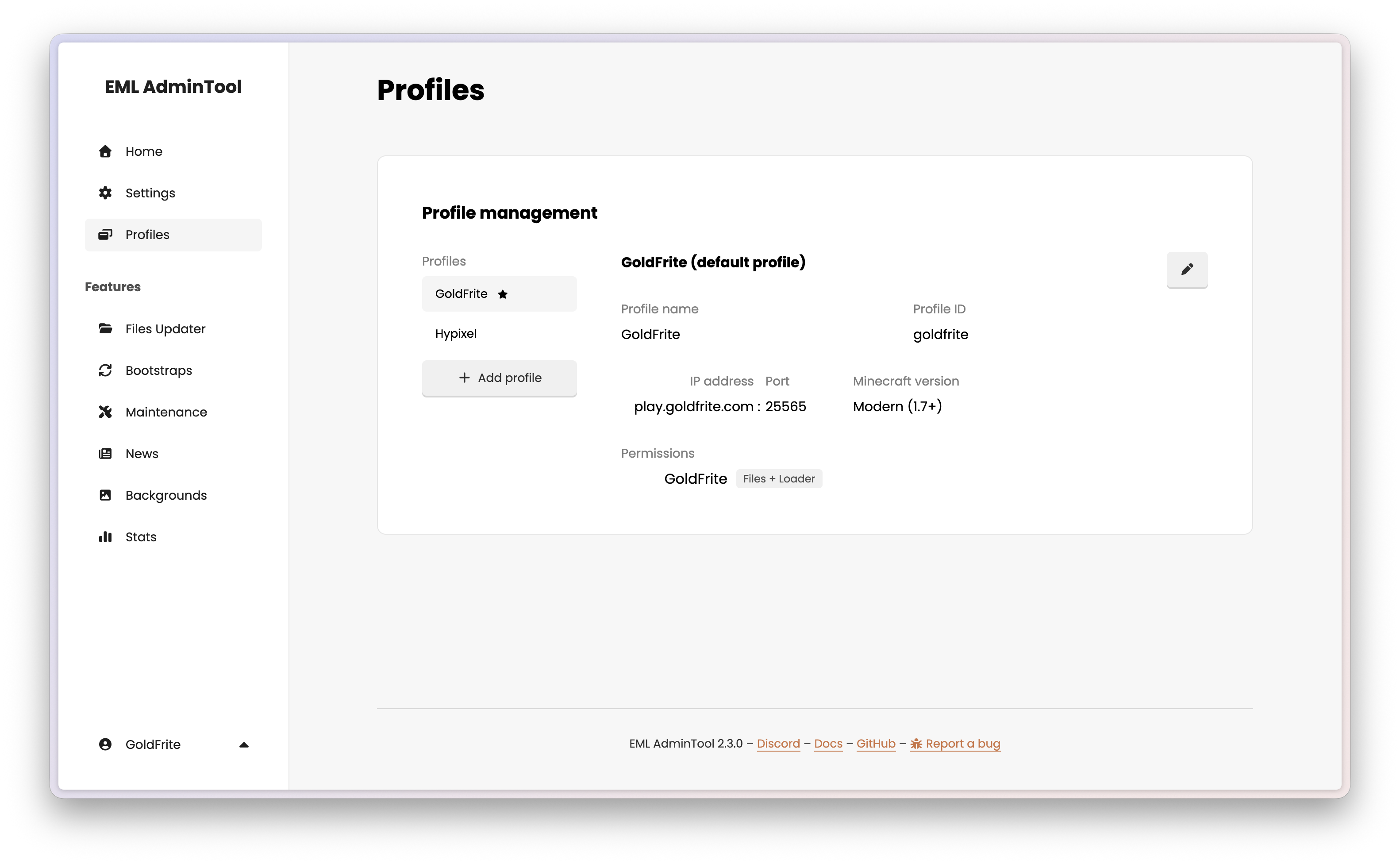 EML AdminTool Profiles page