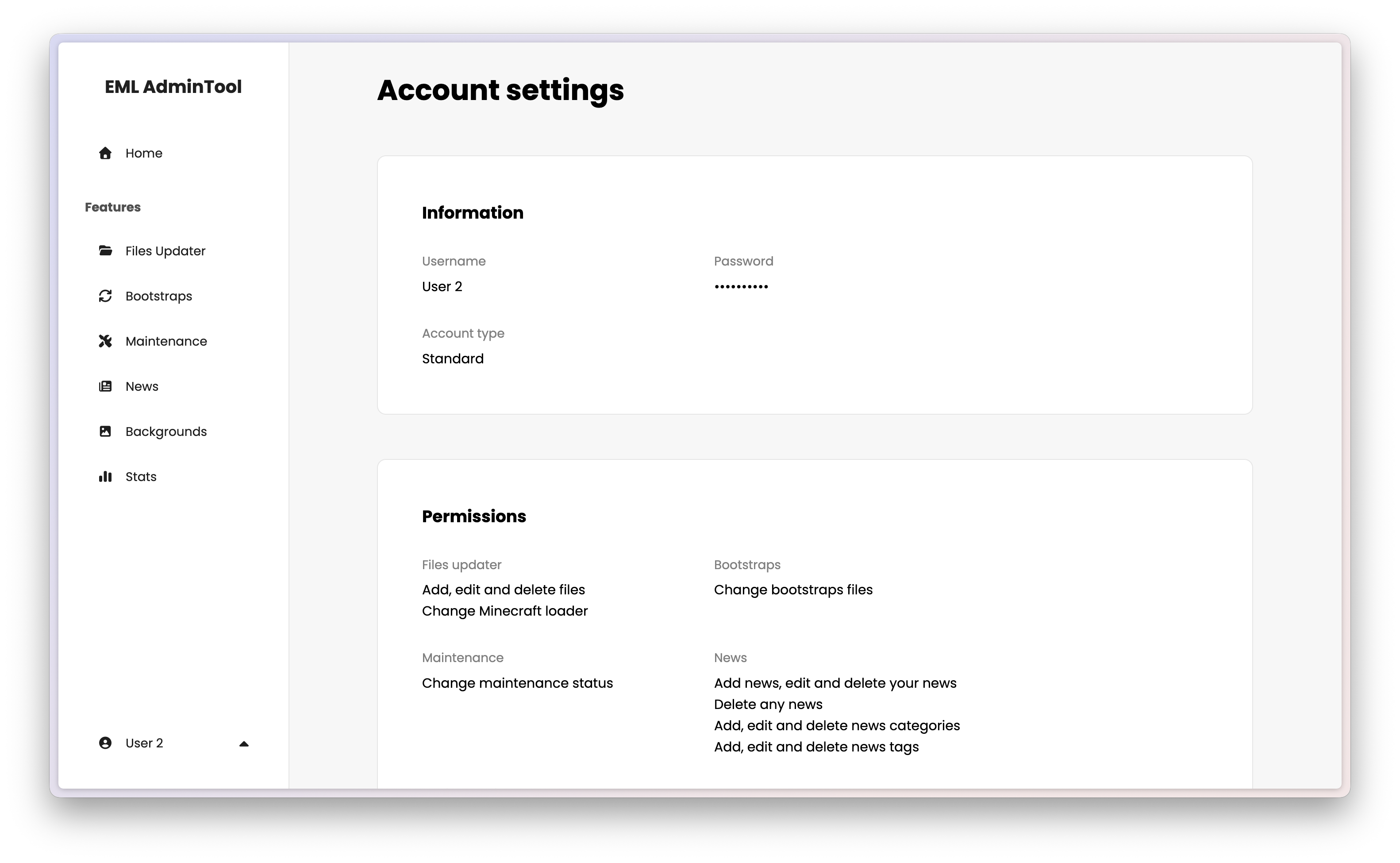 EML AdminTool user settings page